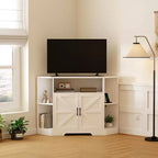 Eck-TV-Ständer für Fernseher bis 55 Zoll, Medienkonsole im Landhausstil mit Scheunentür, offenen Regalen und Stauraumschrank, Weiß
