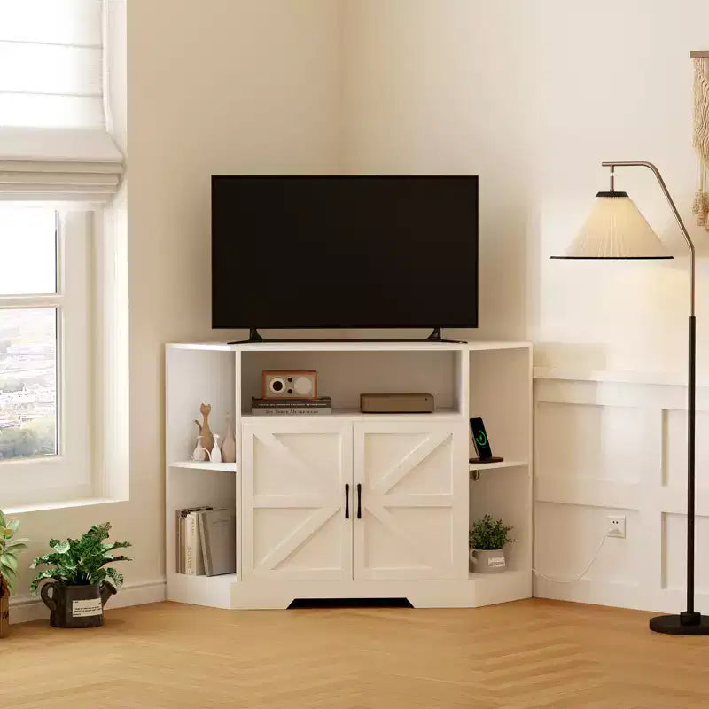 Eck-TV-Ständer für Fernseher bis 55 Zoll, Medienkonsole im Landhausstil mit Scheunentür, offenen Regalen und Stauraumschrank, Weiß