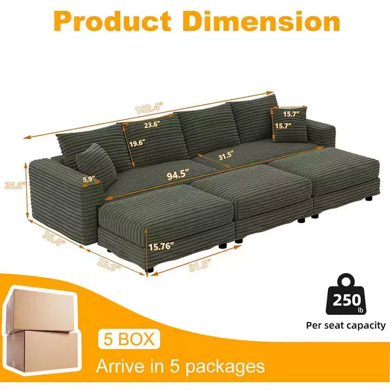 102,4-Zoll-4-Sitzer-Schlafsofa aus weichem Cord mit Hockern – Grün