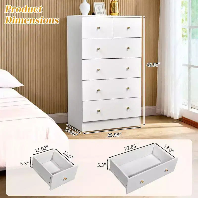 Grande commode Karl Home à 6 tiroirs pour chambre et meuble à tiroirs, construction robuste, organisateur de rangement en bois pour placard, blanche
