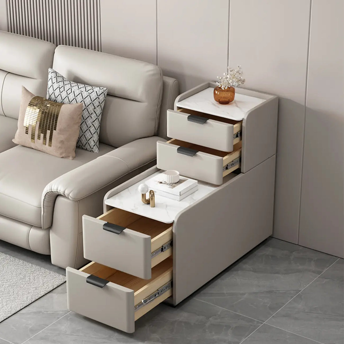 Hochseitentisch für Sofa in L-Form aus Holz mit 4 Schubladen und Steinplatte