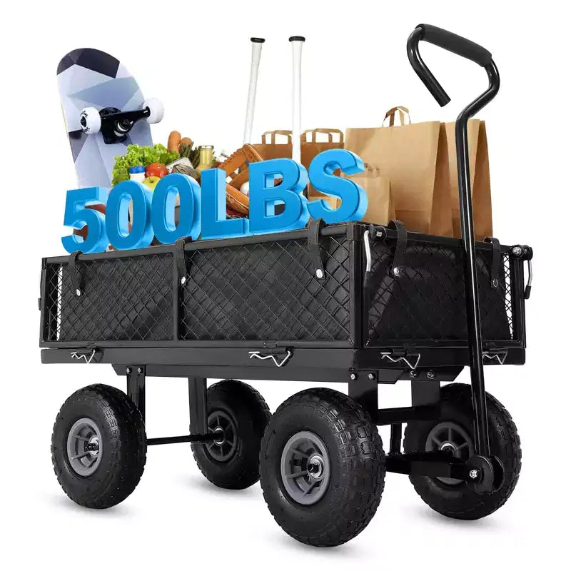 Chariot de jardin en acier robuste, 226,8 kg, chariot utilitaire pliable avec côtés en filet et doublure amovibles, 10 pneus gonflables, poignée de traction