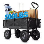 Chariot de jardin en acier robuste, 226,8 kg, chariot utilitaire pliable avec côtés en filet et doublure amovibles, 10 pneus gonflables, poignée de traction