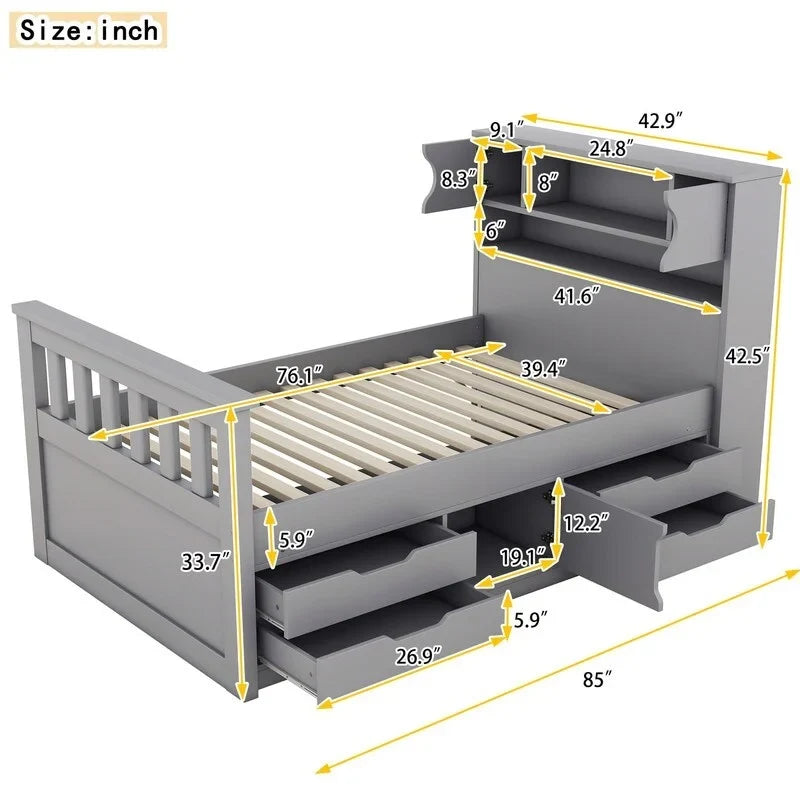 Lit plateforme de capitaine Twin/Full avec 4 tiroirs et étagères de rangement, structure en bois massif avec tête de lit bibliothèque et rangements