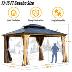 EROMMY Pavillon mit festem Dach, Outdoor-Pergola mit Doppeldach, Netzvorhängen und Vorhängen, robustes Vordach für Terrasse, Garten und Poolpartys