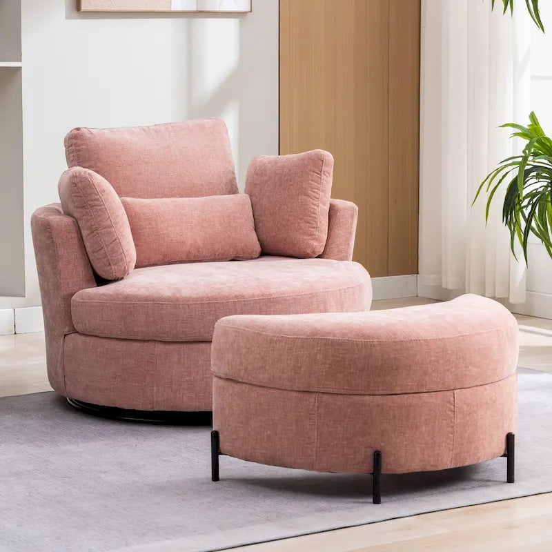 42,3W gestoffeerde draaifauteuil met 4 kussens en halvemaanvormige opberghocker
