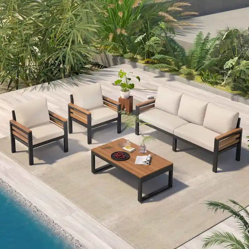 Ensemble de canapé d’extérieur de 4 pièces pour 5 personnes avec table basse en bois massif et coussins amovibles