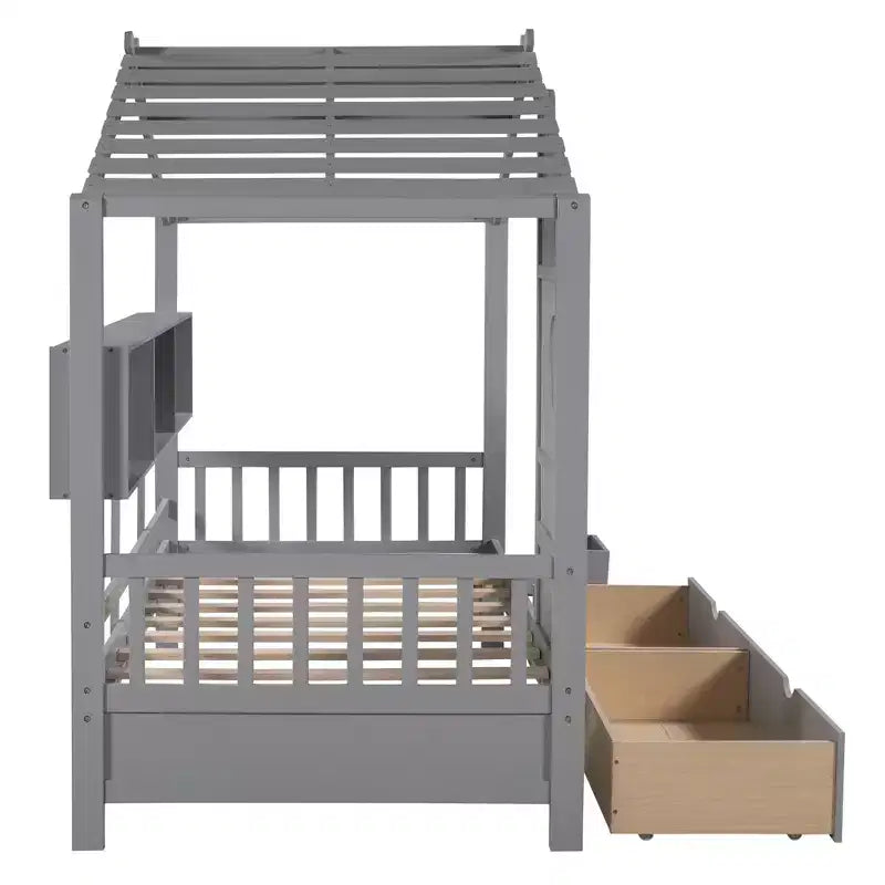 Holzhausbett in Twin-/Full-Größe mit 2 Schubladen, Kinderbett mit Ablagefach – ModernLuxe