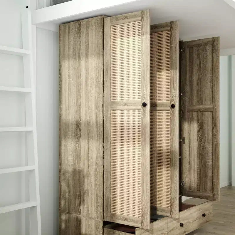 Famapy rotan kledingkast met 3 laden, kast met 3 ademende rotandeuren, hoge opbergkast in boerderijstijl voor de slaapkamer