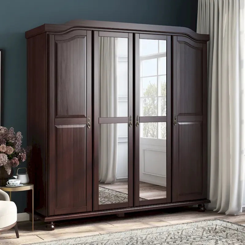 Palace Imports Kyle 4-türiger Kleiderschrank aus 100 % Massivholz mit Türen aus Massivholz oder Spiegelglas