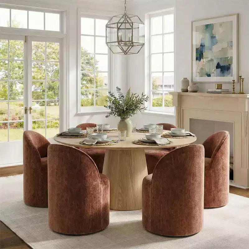 Modernes Esszimmer-Set für 6 Personen, runder Esstisch mit Säulenfuß, drehbare Fassstühle mit Rollen, Chenille-Strukturstoff – Panipeachy