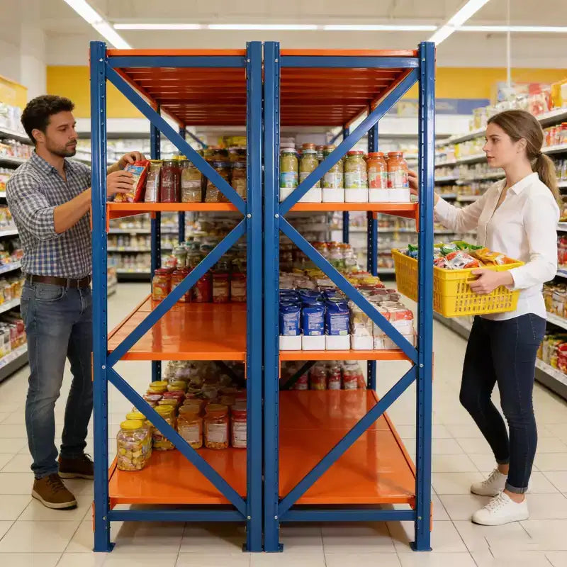 Étagères de garage robustes VIYET, rayonnage métallique réglable à 4 niveaux d’une capacité de 4 400 lb, rangement industriel bleu et orange pour magasin commercial, outils et salle de sport