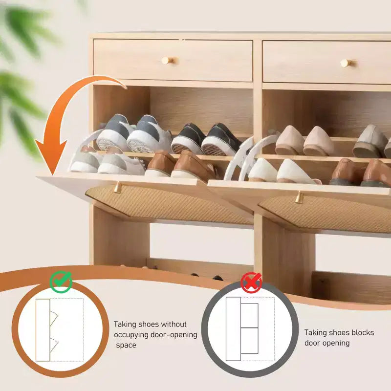 Meuble à chaussures Karl Home avec panneau en rotin, 2 tiroirs et 4 tiroirs basculants, en panneaux de particules, largeur 41,34 W