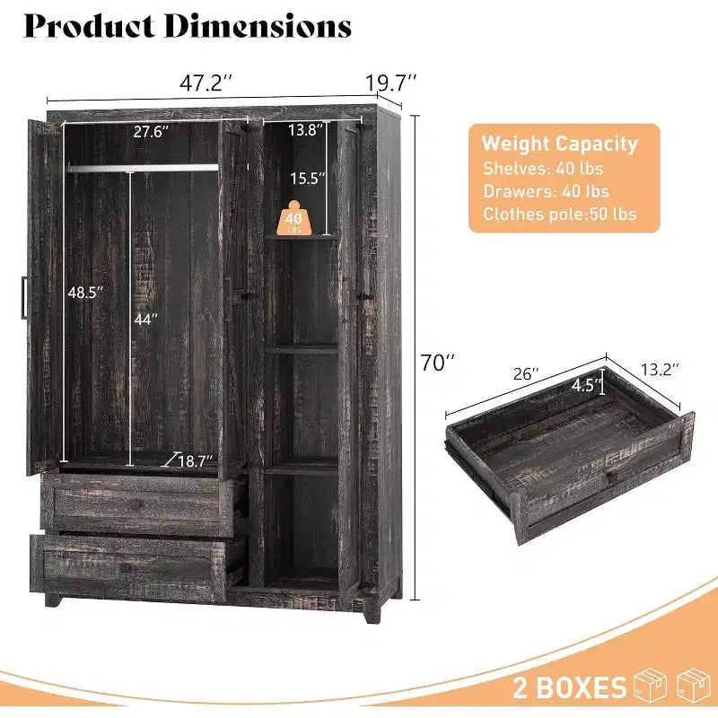 AMERLIFE 47-Zoll-Kleiderschrank im Landhausstil mit 3 Türen, 2 Schubladen, Kleiderstange und verstellbaren Regalen, freistehender Kleiderschrank-Organizer