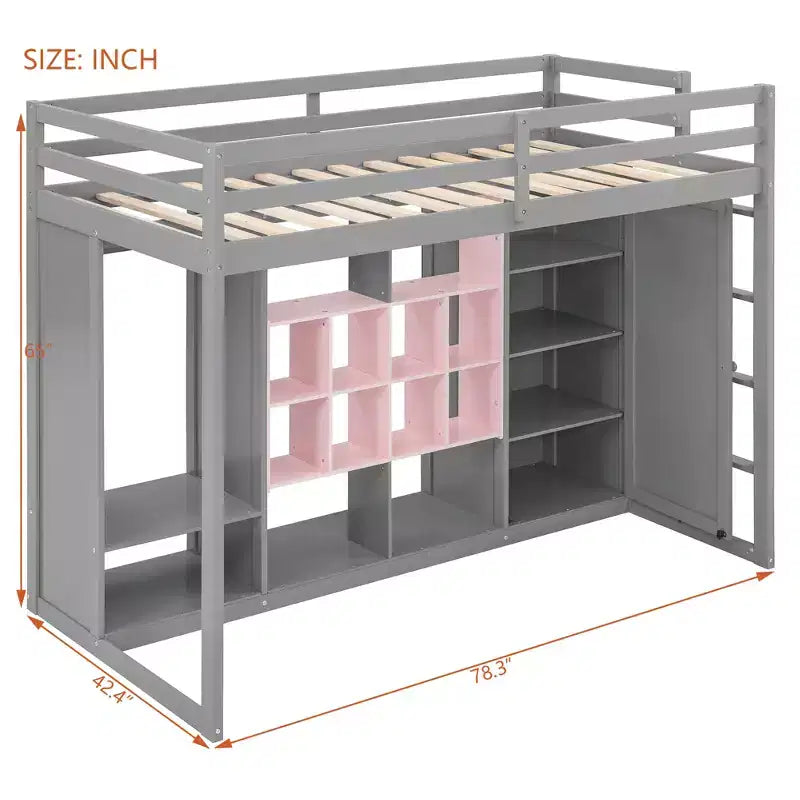 Kinder-Hochbett mit Kleiderschrank und Regalen, Hochbettgestell aus Holz mit Stauraumschrank für Kinder und Jugendliche