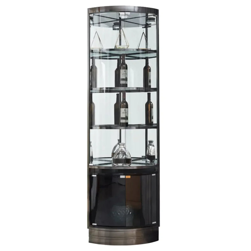 Eckschrank zur Aufbewahrung und Präsentation mit mehreren Ebenen aus Glas und Metall, Weinschrank