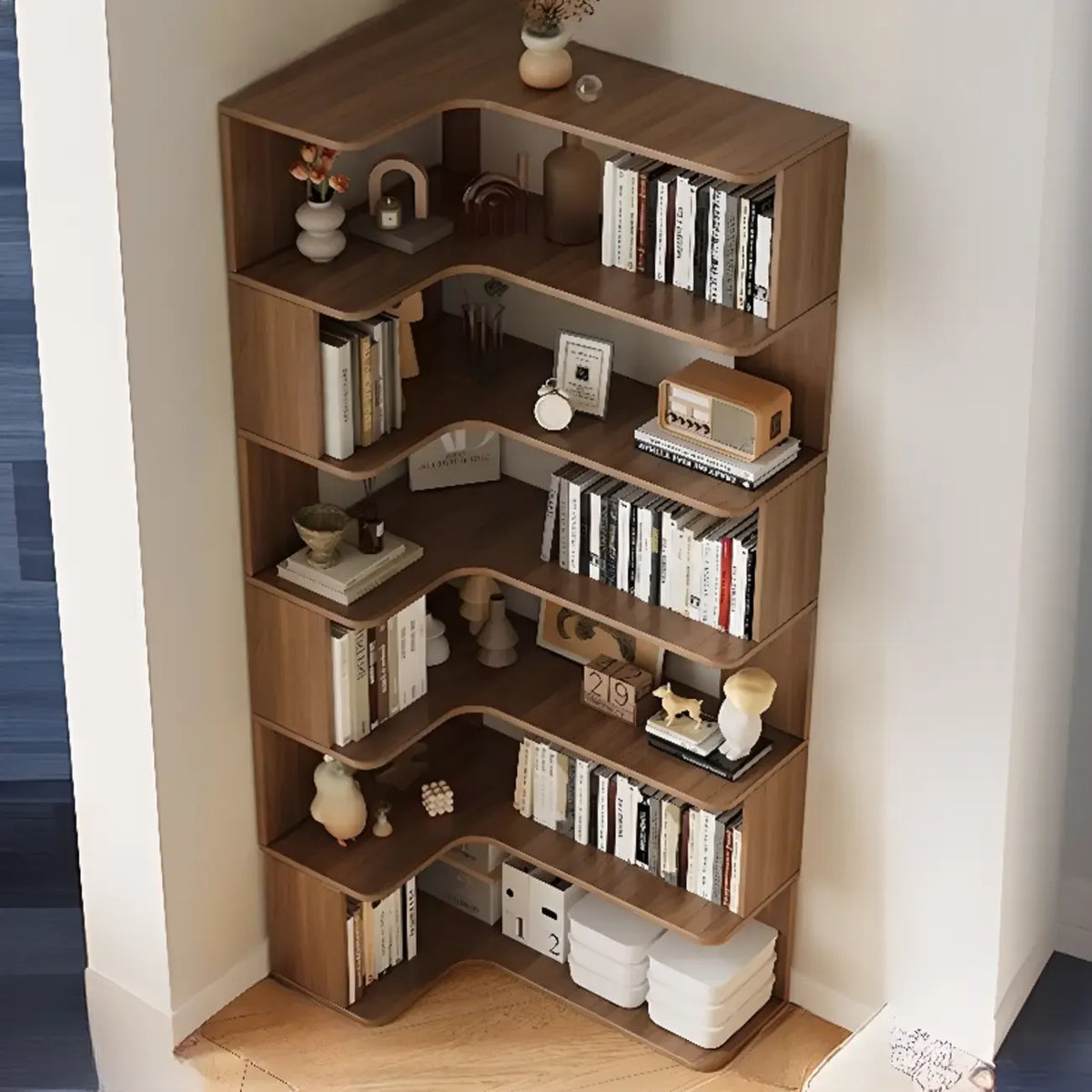 Eckbücherregal aus Holzwerkstoff mit 6 Ablagen