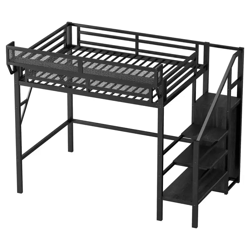 Okak 94-Zoll-Hochbett in Twin-Größe mit Kleiderschrank, Twin-Bett mit Ablagefächern und Korb, Bettgestell für Schlafzimmer und Wohnheim