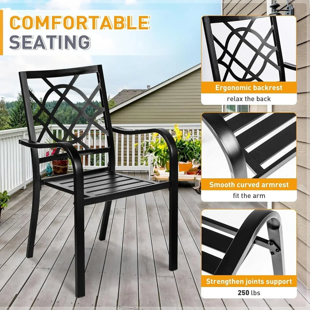 SUNCROWN 5/7-delige stalen tuin-eetsets, metalen tafel met lattenblad en stapelbare stoelen, gepoedercoat frame