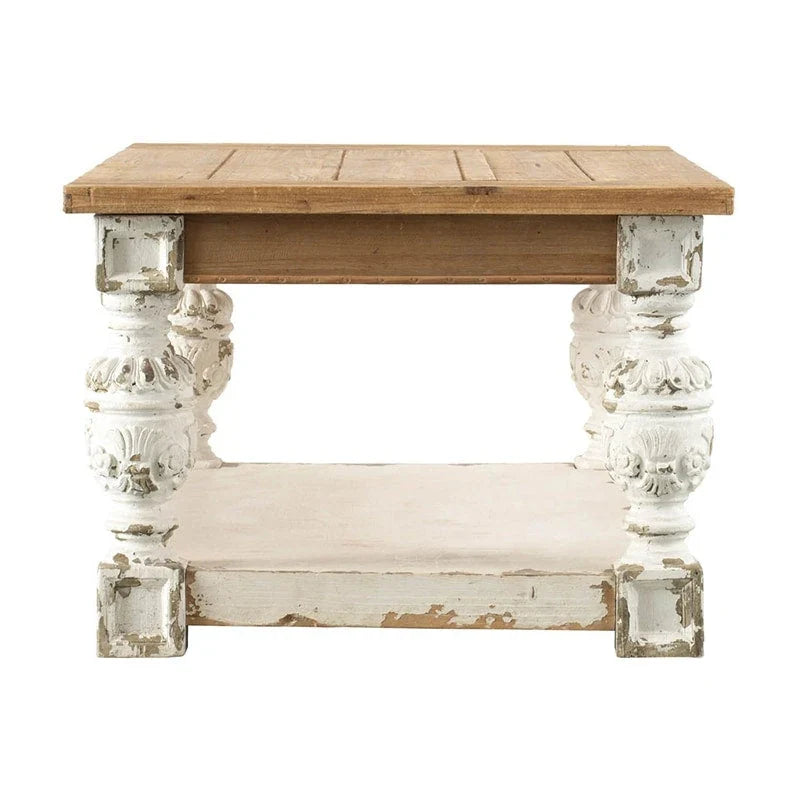 Table basse rectangulaire en bois blanc ancien patiné
