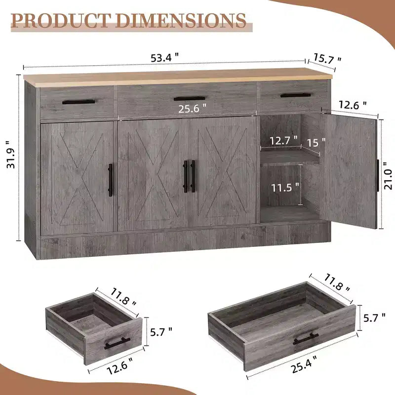 Buffet de rangement Celebalcony, grand meuble de cuisine de 53,4 pouces avec 3 tiroirs et 4 portes, étagère réglable pour la cuisine et le salon
