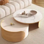 Moderne ronde salontafel, stenen tafelblad, natuurlijk hout - 50 x 31,5