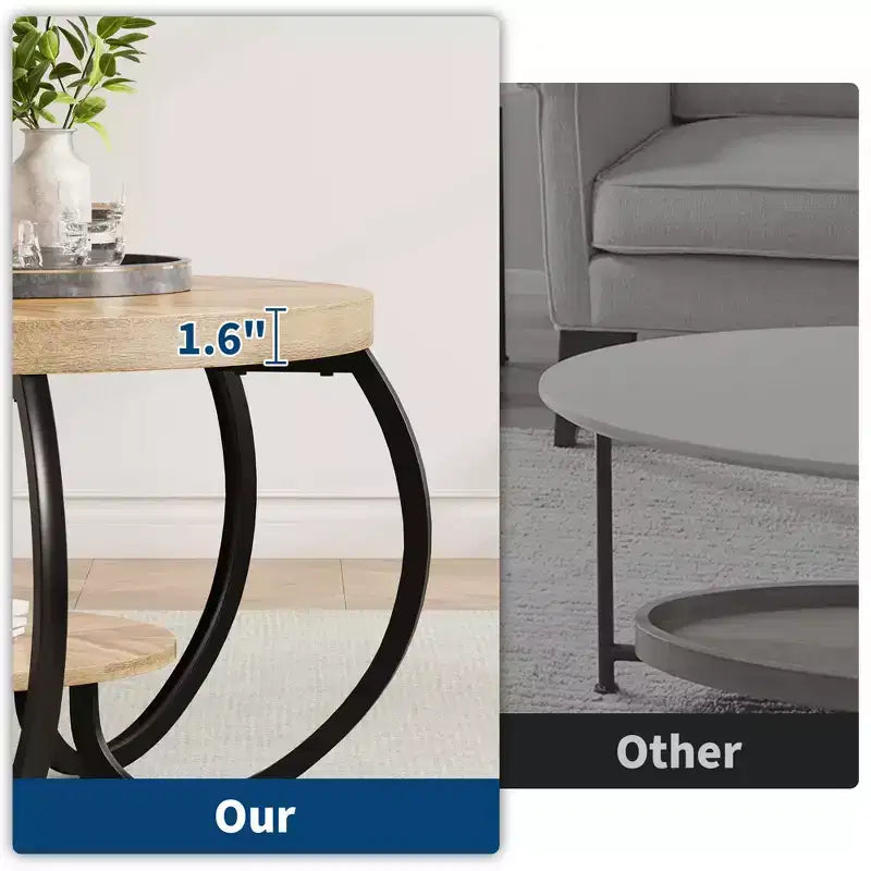 Runder industrieller Couchtisch mit 76 cm Durchmesser, 2 Ebenen, verstellbaren Füßen, Ablage in Holzoptik, Flammendesign, einfache Montage, Wohnzimmer