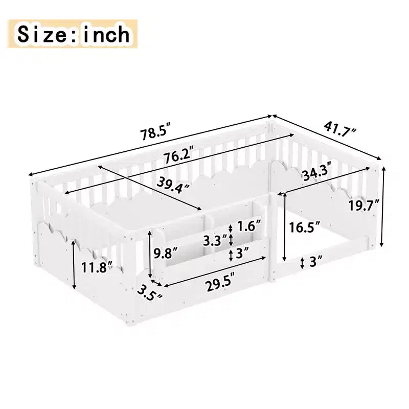 Bellemave Kids Floor Bed with Heightened Fence and Bookshelf, Wooden Twin Montessori Bed Frame for Girls Boys