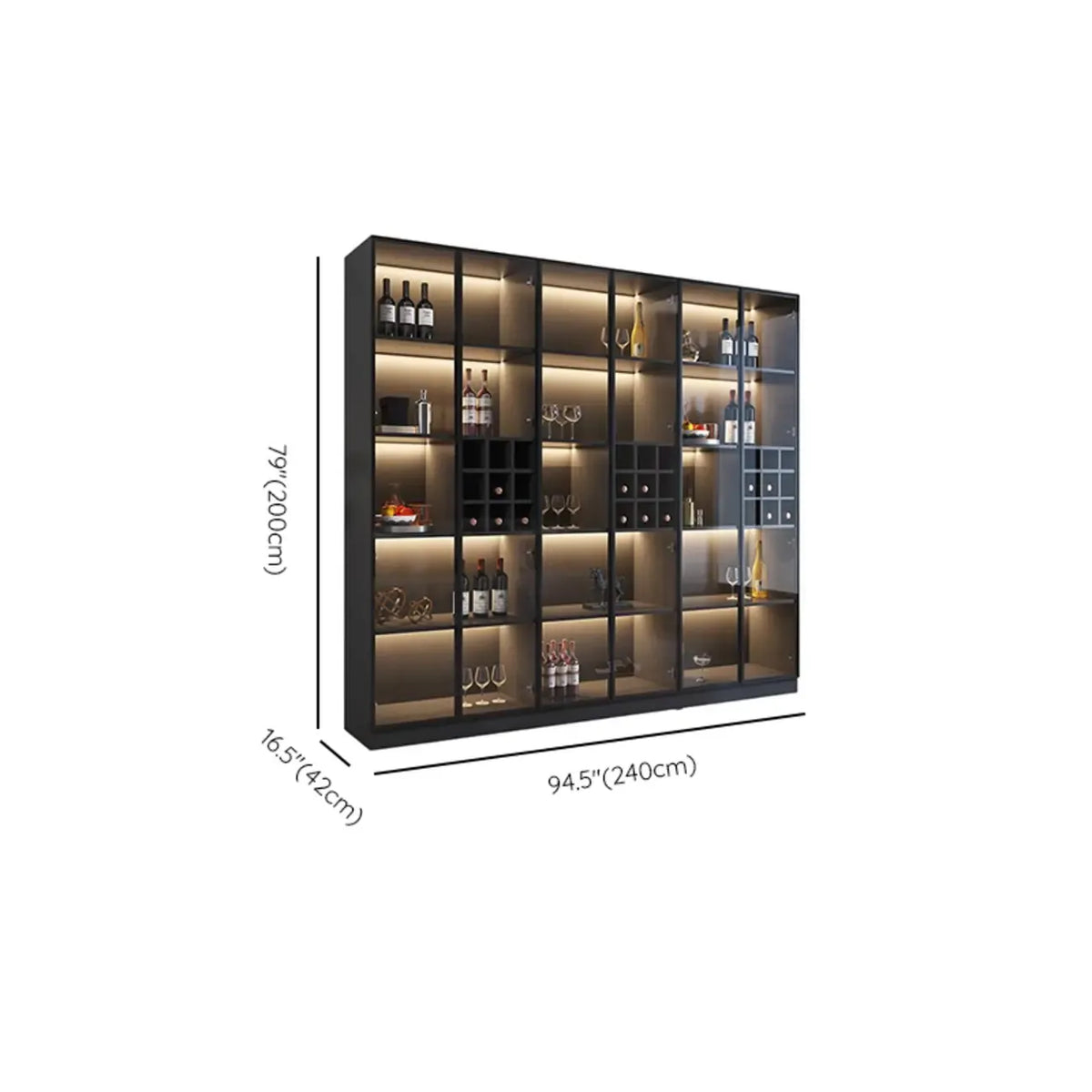 Minimalistische zwarte houten wijnkast met glazen deur