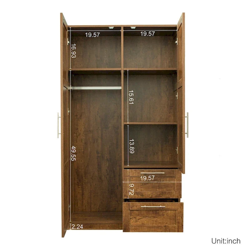 Armoire-penderie en bois blanc avec portes, tiroirs et tringle