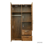 Armoire-penderie en bois blanc avec portes, tiroirs et tringle