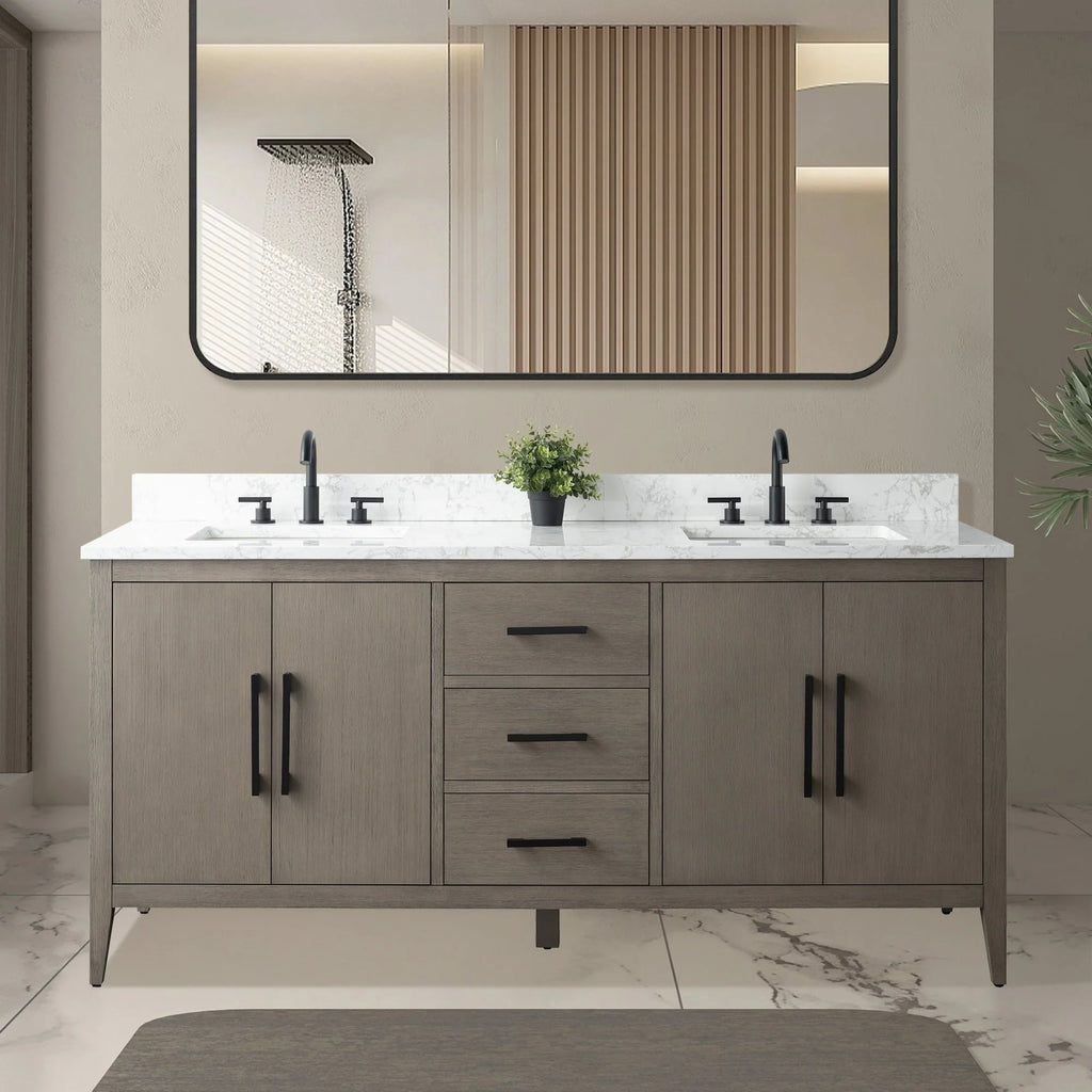 Vanity Art 72 badkamermeubel met dubbele wastafel en blad van composietmarmer