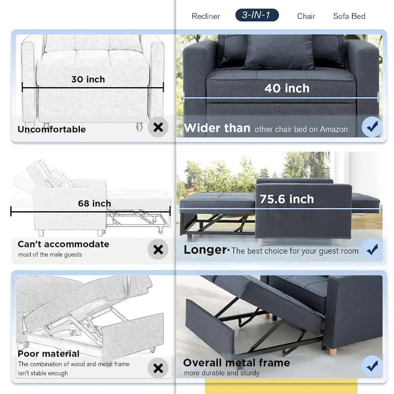 Verstelbare slaapstoel/-bed, 3-in-1-ombouwbaar, meerdere kleuren, geschikt voor 1 persoon