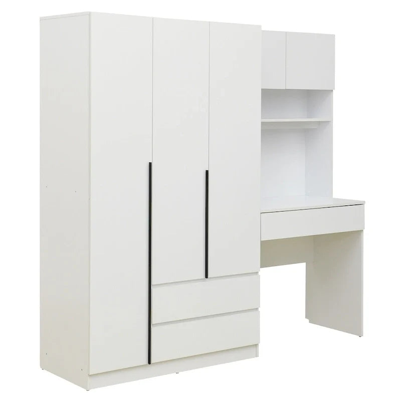 3-in-1 Wardrobe Closet with Vanity Desk, Desk Set, Bedroom Armoire with 2 Drawers 3-Door Storage Desk Wardrobe
