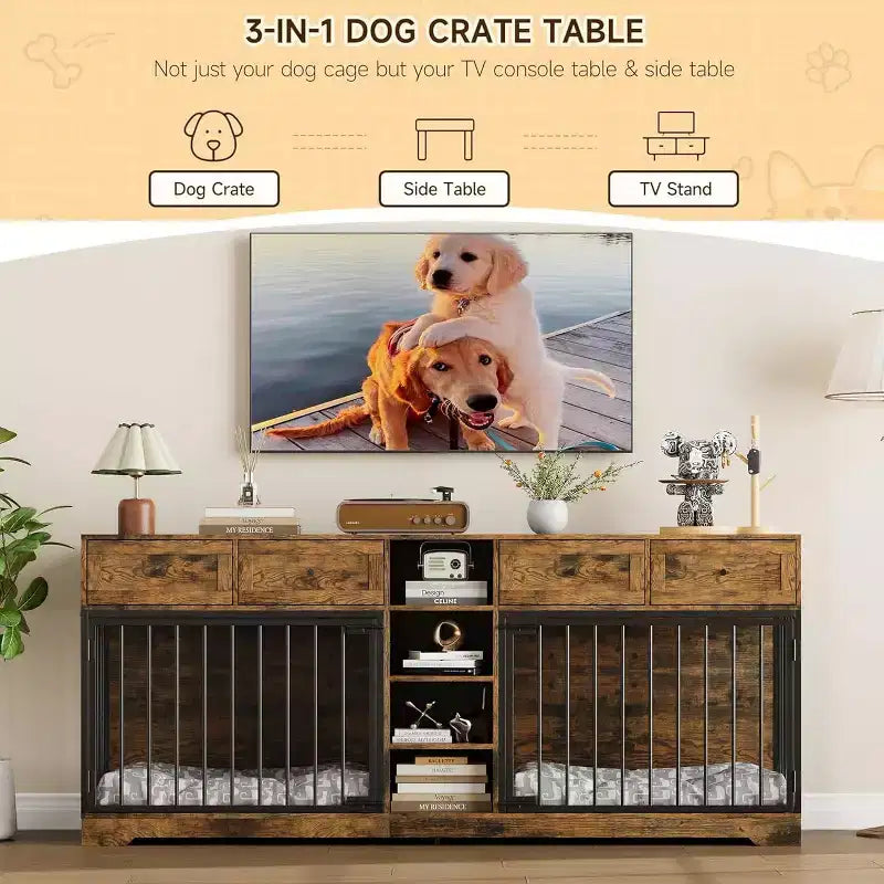 82 Möbel für zwei Hundeboxen, großer Hundezwinger für den Innenbereich für 2 Hunde, robuster Hundeschrank aus Holz als TV-Ständer mit 4 Schubladen und Regalen
