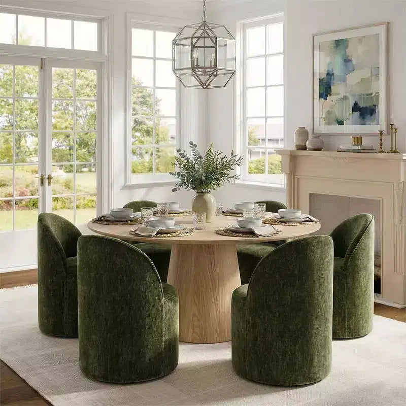 Modernes Esszimmer-Set für 6 Personen, runder Esstisch mit Säulenfuß, drehbare Fassstühle mit Rollen, Chenille-Strukturstoff – Panipeachy