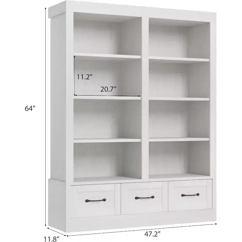 64 H Bücherregale und Bücherschränke, Bücherregal mit 3 Aufbewahrungsschubladen, 4 Ebenen, doppelt breit, offene Ablage für Büro und Wohnzimmer