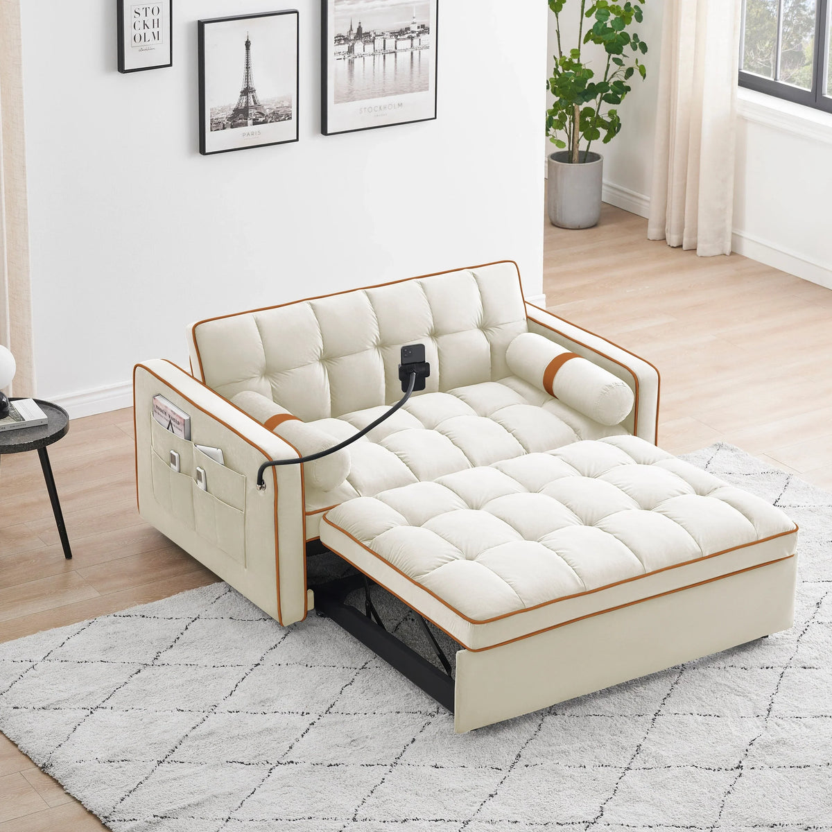 Samt-Schlafsofa für 2 Personen, 55 Zoll, mit Ausziehbett, verstellbarer Rückenlehne, Seitentaschen und Handyhalterung