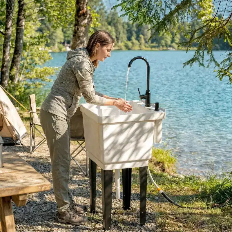 Évier utilitaire portable avec bac à linge, évier sur pied avec robinet, distributeur de savon et tuyaux