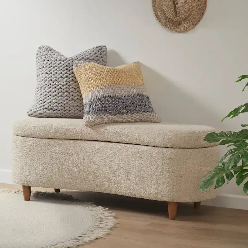 INK+IVY Bailey taupefarbene Bouclé-Sitzbank mit hochklappbarer Ablage und Stauraum