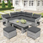 Ensemble de meubles d’extérieur en rotin avec table réglable, fauteuils inclinables et 2 poufs