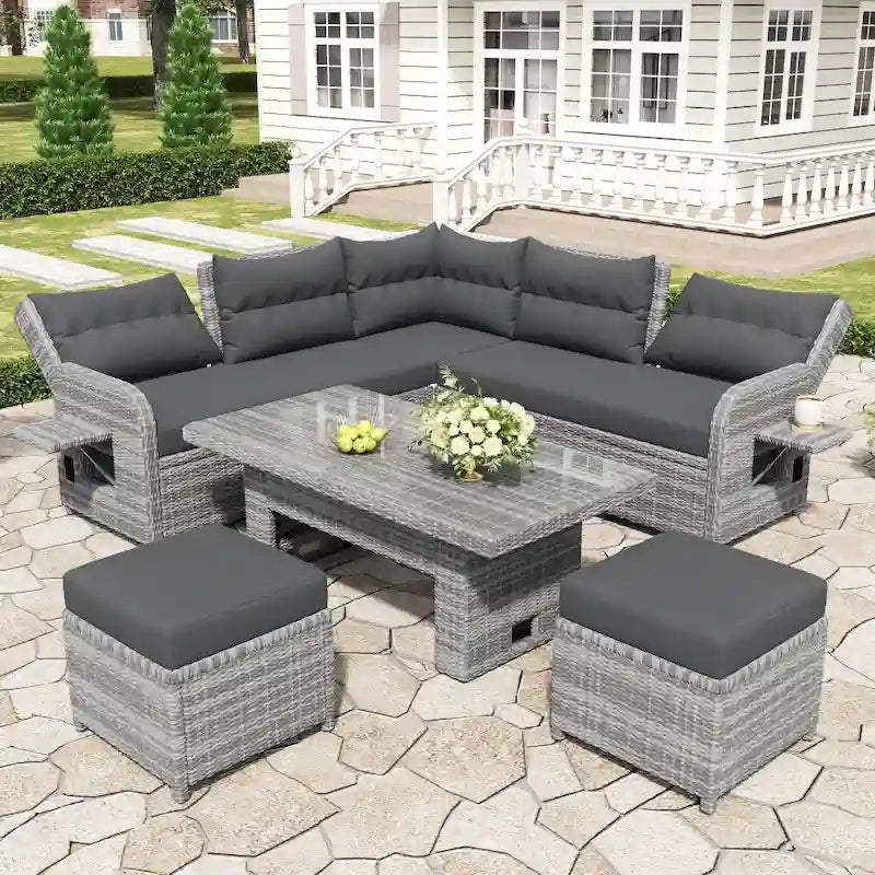 Ensemble de meubles d’extérieur en rotin avec table réglable, fauteuils inclinables et 2 poufs