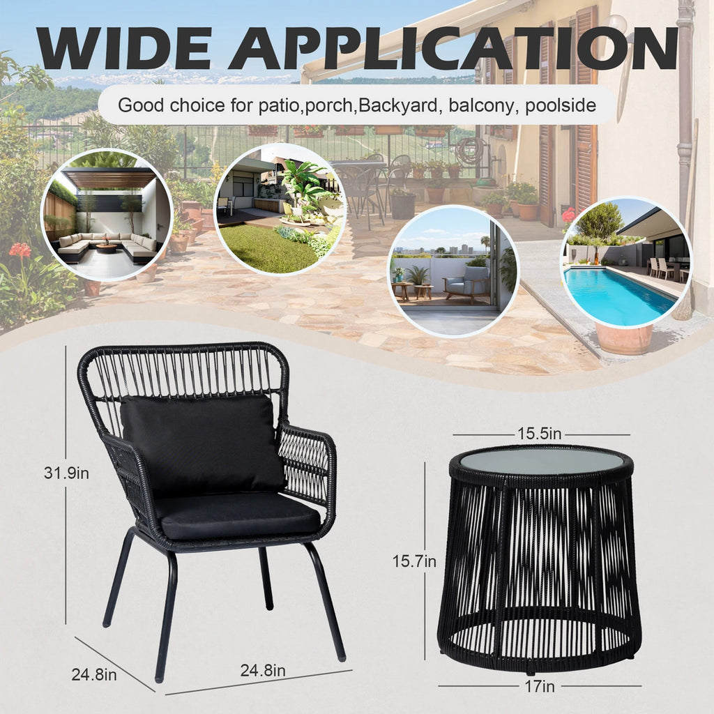 3-delige bistroset van wicker voor buiten, weerbestendige rotan tuinmeubelset met stoelen en kussens