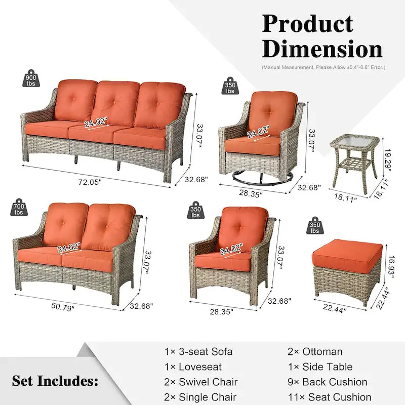 XIZZI 9-teiliges Outdoor-Gartenmöbel-Set mit drehbarem Sessel