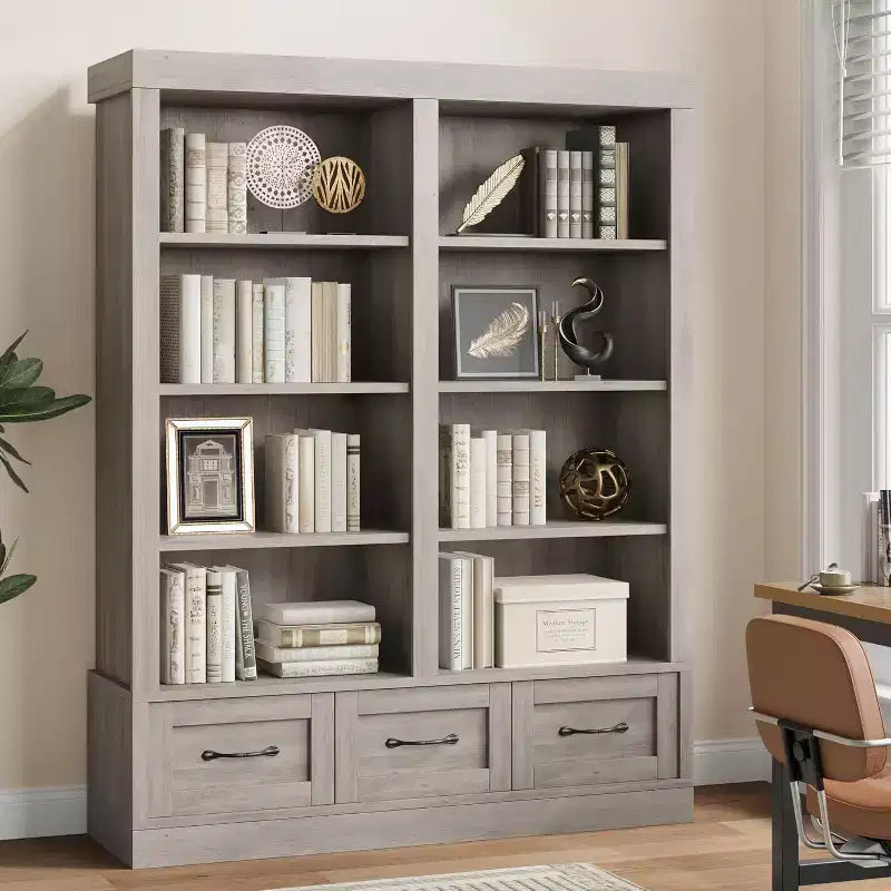 64 H Bücherregale und Bücherschränke, Bücherregal mit 3 Aufbewahrungsschubladen, 4 Ebenen, doppelt breit, offene Ablage für Büro und Wohnzimmer