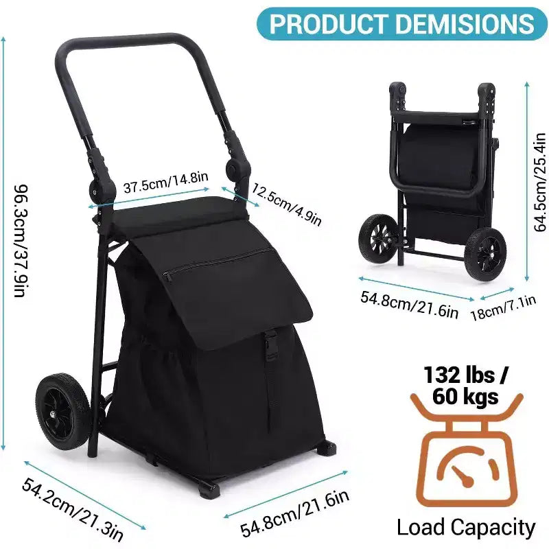 Chariot utilitaire pliable 2-en-1 Acekool avec sac étanche amovible, coussin d’assise épais et poignée réglable antidérapante, noir