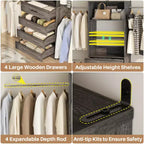 Besiost Holz-Kleiderschrank-Organizersystem für 1,2–2,7 m mit 4 Schubladen, 4 Kleiderstangen und Regaltürmen
