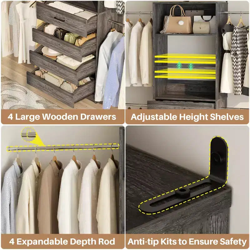 Besiost Holz-Kleiderschrank-Organizersystem für 1,2–2,7 m mit 4 Schubladen, 4 Kleiderstangen und Regaltürmen