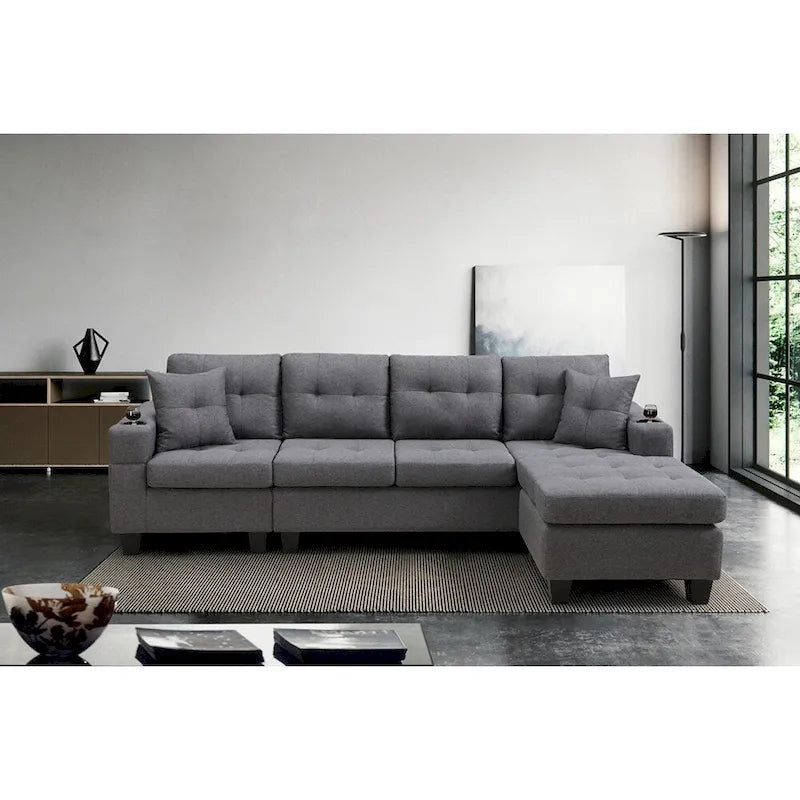 Ecksofa für das Wohnzimmer mit L-förmiger Chaiselongue und Getränkehalter