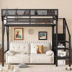 Okak 94-Zoll-Hochbett in Twin-Größe mit Kleiderschrank, Twin-Bett mit Ablagefächern und Korb, Bettgestell für Schlafzimmer und Wohnheim